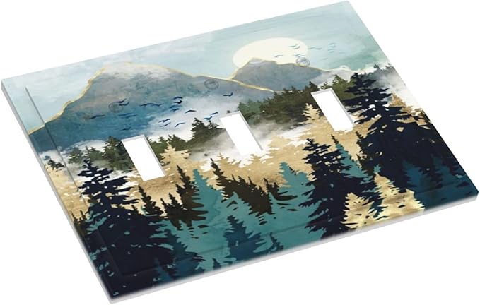 Boho Mountain Forest Abstract Sunset Sunrise Sun 3 Gang Light Switch Covers Triple Toggle Wall Plate Decorative Switchplate Electrical Faceplate for Country Bathroom Bedroom Decor
