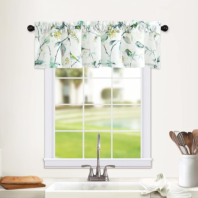Leeva Windows Valances for Bathroom, Birds Garden Print Pattern Thermal Insulated Short Curtains for Bedroom Kitchen, 52 x 12, Green, One Panel