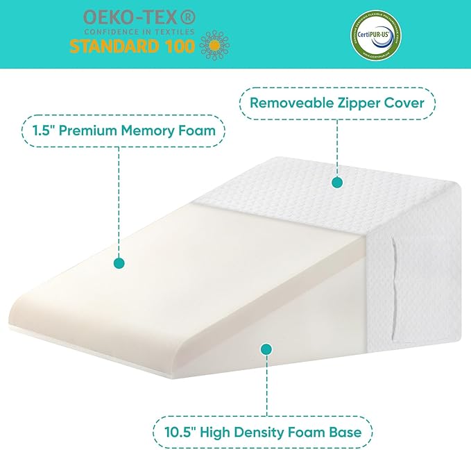 Wedge Pillow for After Surgery Premium 12" Bed Wedge Pillow for Sleeping with Memory Foam Top, Triangle Pillow Wedge for Acid Reflux Snoring Post Surgery Leg Elevation Back & Knee Pain Relief - White