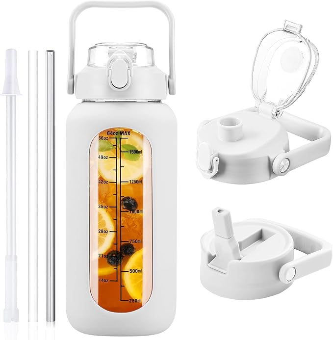 64 oz Glass Water Bottle with Straw and 2 Lids, Half Gallon Water Bottle with Sleeve, Large Insulated 2 Liter Glass Water Jug Time Marker with Handle - White