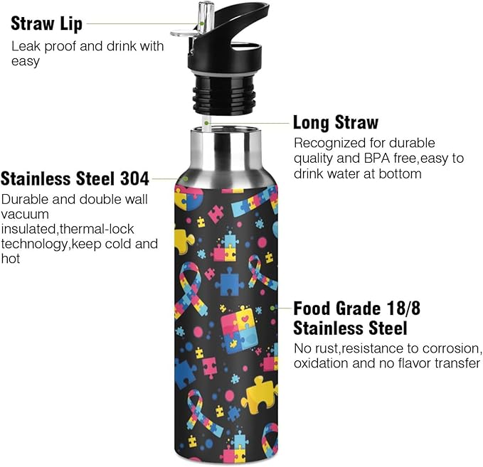 Stainless Steel Water Bottle with Straw Lid - 20 Oz Sports Insulated Water Bottle Thermos for Sport Gym Outdoor Travel School (Autism custom made)