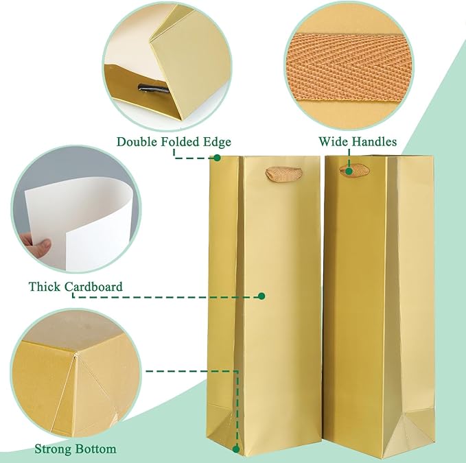 KEYYOOMY Wine Gift Bags - 10 Pack Gold Kraft Paper Wine Bottle Gift Bags with Handles for Wedding Birthday Housewarming Christmas Party Supplies(10CT, 13.8x4.3x3.5 IN, Gold)