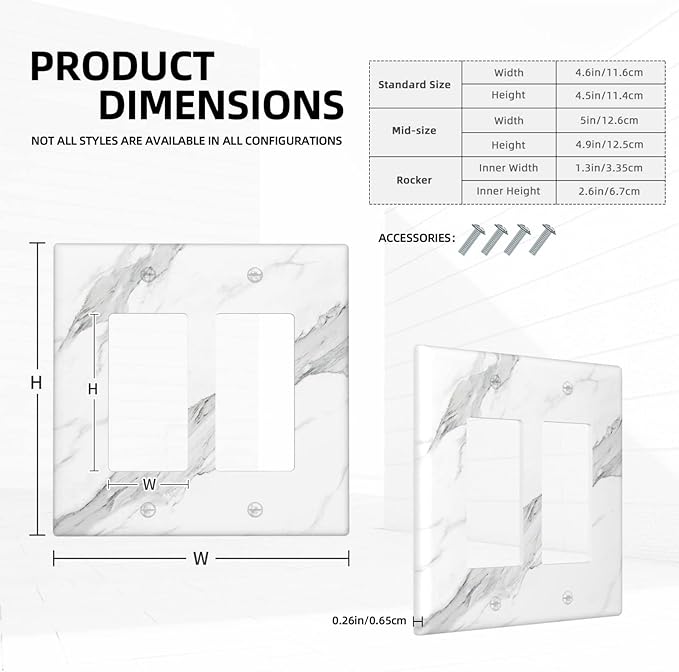 Marble Grey Wall Plate Decorative Light Switch Cover 2-Gang Double Rocker Faceplate for Bathroom Farmhouse Kitchen Bedroom White