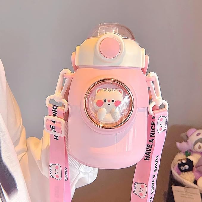 Kawaii Water Bottle with Straw,Travel Cute Water Bottles with Adjustable Strap Leak Proof BPA Free Wide Mouth Water Cup with Lid for Girls, School (Pink)