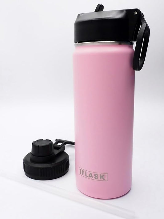 Sport Travel Outdoor Water Bottle with Spout and Straw Lids | Leak Proof | Insulated Stainless Steel Double Walled | BPA and Sweat free | Hot & Cold | For Kids Men & Women (Pink, 18 oz)
