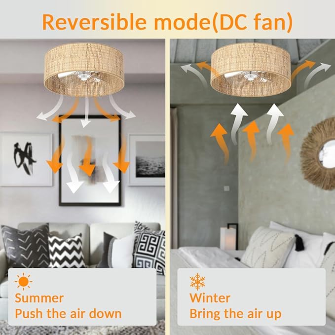 Boho Small Reversible DC Ceiling Fan with Light Fixture and Remote Control ,Flush Mount Drum Caged Enclosed Round Cage Low Profile Fandelier for Bedroom Indoor Kitchen Nursery Office Dining Room