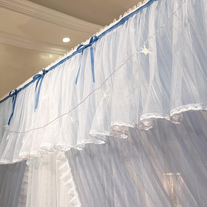 Mengersi Canopy Bed Curtains with Lights,4 Corner Bed Canopy Royal Luxurious Bed Drapes Netting,Princess Bed Curtains for Girls Adults Bedroom Decoration (Gray Blue, Full)