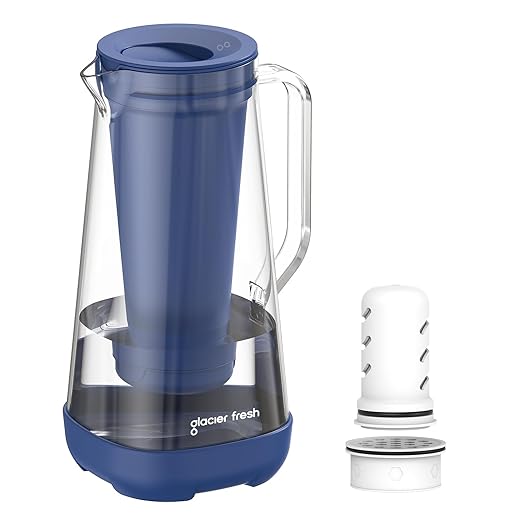 GLACIER FRESH Glass Water Pitcher for Tap and Drinking Water with Membrane and Activated Filter, Reduces Chlorine and Lead Taste, Food Grade and BPA Free Materials, 7-Cup, Blue