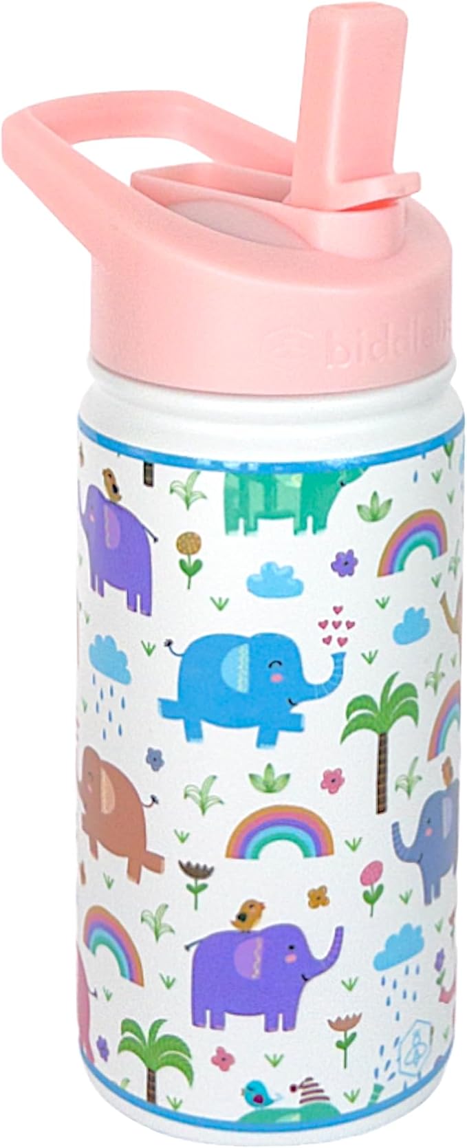 Biddlebee Kids Water Bottle with Straw Lid | 14oz Insulated Stainless Steel Reusable Bottles for School | Leak Proof Cap with Handle & Touch Free Spout | Great for Boys & Girls (Elephants)
