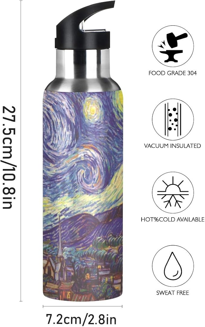 Van Gogh The Starry Night Sports Water Bottle, 22 Oz BPA Free Non-Toxic Stainless Steel Water Bottle with Straw for Gym Yoga Fitness Camping