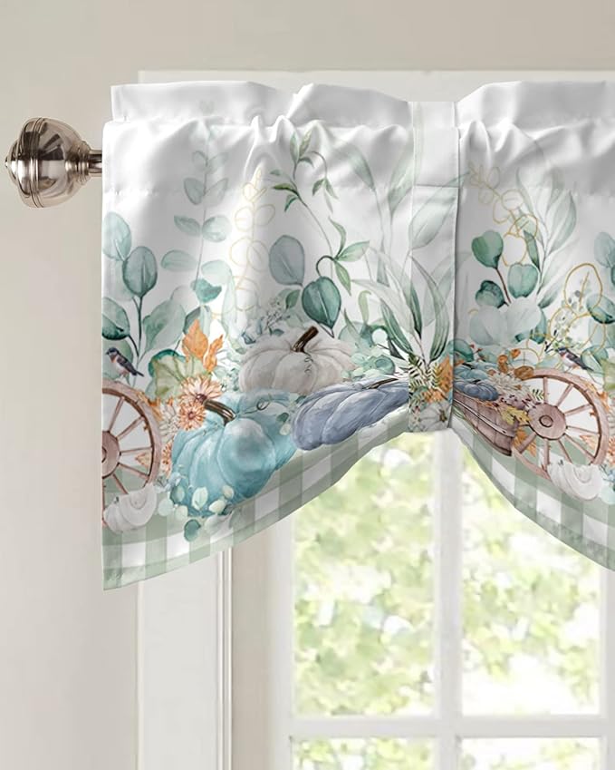 Fall Thanksgiving Blackout Tie Up Valance Curtains for Kitchen Windows Navy Blue Pumpkins Green Eucalyptus Leaves Window Toppers Balloon Shades for Living Room/Bathroom/Bedroom,60" X 18",Sage Plaid