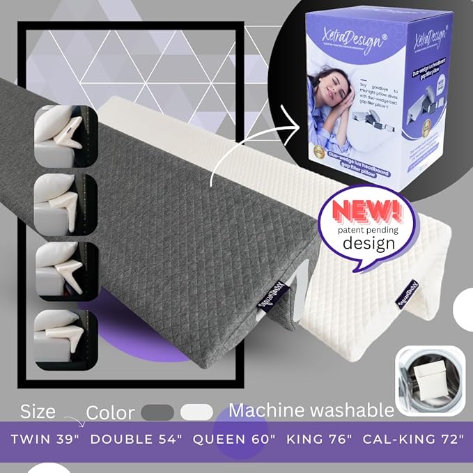 Bed Wedge Pillow for headboard Mattress Gap DuoWedge lux. The Perfect Filler for Gaps up to 7" (Grey, Twin 39")