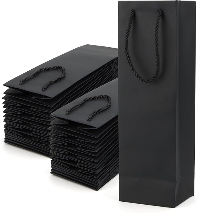 MANCHAP 24 Pcs 13.7 x 4.3 x 3.5 Inch Black Paper Wine Bottle Bags, Wine Bags with Handles, Single Bottle Paper Wine Bags for Wedding, Party, Shopping