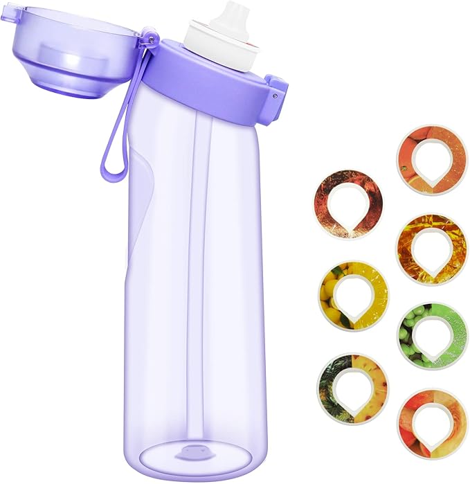 Water Bottle with Flavor Pods 21.9 Oz/650ml Fruit Fragrance Water Bottle Recyclable Sports Air Water Cup Scented Pods for Outdoor (Purple 650ML)