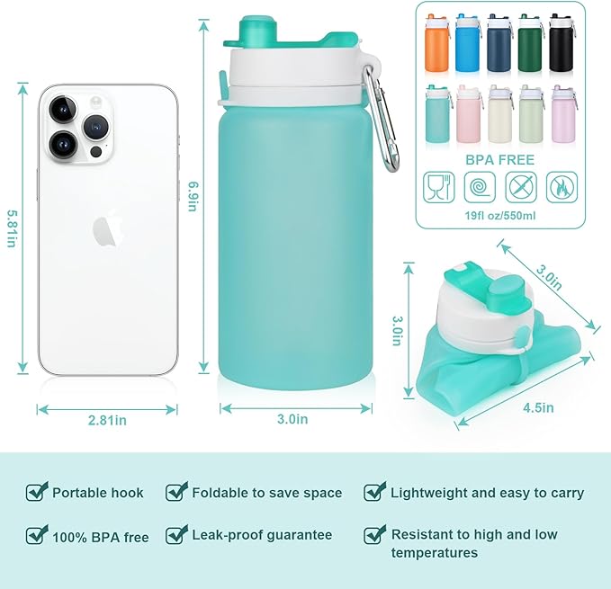 Collapsible Water Bottle, Foldable Water Bottle BPA Free Reusable Lightweight Leak-Proof Travel Silicone Water Bottle for Travel, Gym, Hiking, Office, Camping