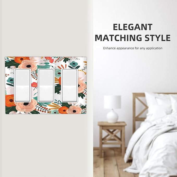Rustic Floral Boho Colorful Flower 3 Gang Rocker Light Switch Covers Triple Outlet Wall Plate Decorative Switchplate Cover Faceplate GFCI for Farmhouse Bathroom Bedroom Kitchen Decor