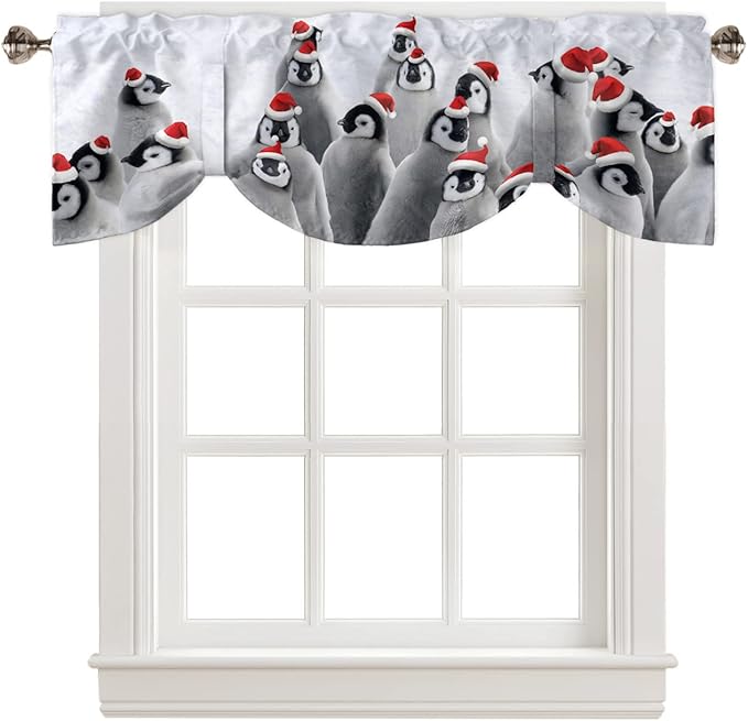 Funny Penguin with Christmas Hat Blackout Tie Up Valance Curtains for Kitchen Windows Winter Holidays Window Toppers Balloon Shades for Living Room/Bathroom/Bedroom,1 Panel,54" X 18"