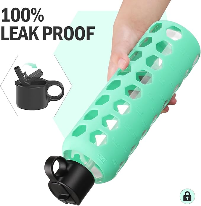 MUKOKO Glass Water Bottles, 32oz Glass Tumbler, Drinking Bottles with 2 Lids-Handle Flip Straw Lid&Bamboo Lid, Motivational Water Bottle with Time Marker and Silicone Sleeve, Leakproof-1 Pack-Green