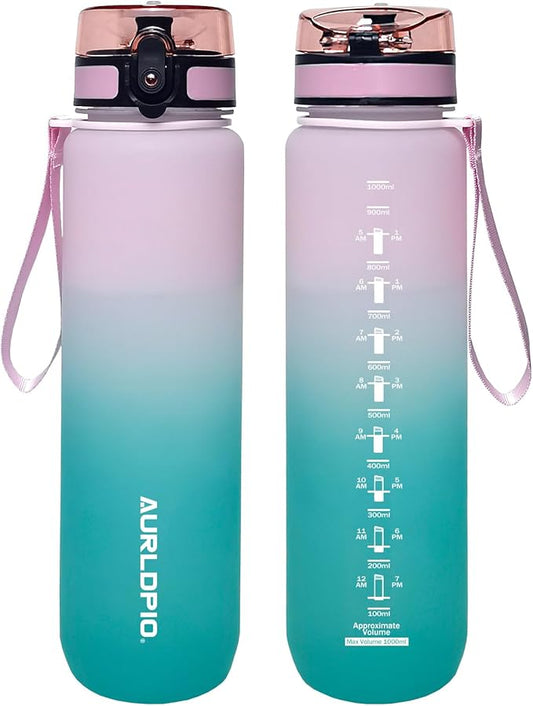32oz/1L Water Bottle, Sports Water Bottle with Times to Drink & Lock Cover+Strainer,BPA-Free, Leakage Proof, Sports Drink Bottle for Bicycle, Outdoor, Gym, School, Reusable Daily (Pink-blue)