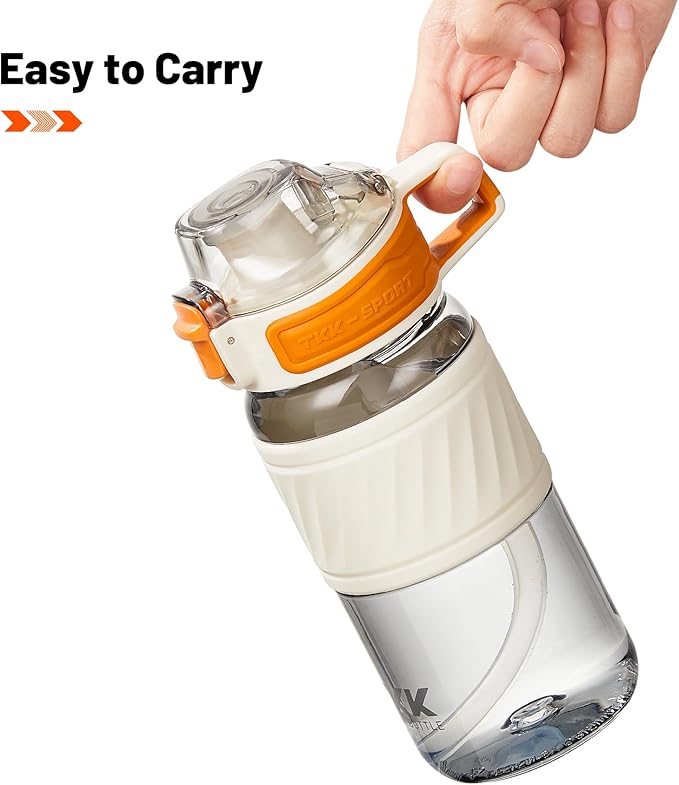 TKK 15oz Sports Water Bottles with Removable Straw Durable BPA Free Tritan Bottles Leak-Proof Water Bottles for School, Fitness, Gym, Outdoor, White