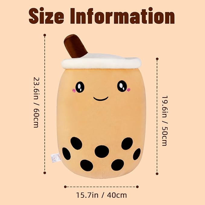 Niuniu Daddy Boba Plushies, 27.6 inches Jumbo Brown Bubble Tea Plush Toy with Big Eyes, Giant Soft Squishy Milk Tea Food Stuffed Animals for Kids, Huge Kawaii Cuddle Pillow