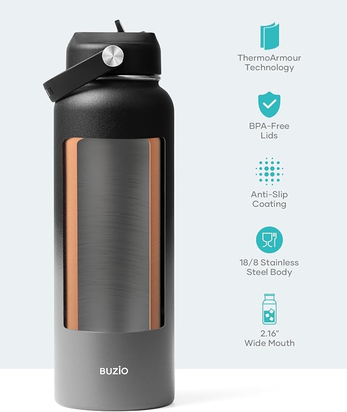 BUZIO Insulated Water Bottle with Straw Lid and Flex Cap, 40oz Modern Double Vacuum Stainless Steel Water Flask, Cold for 48 Hrs Hot for 24 Hrs Simple Thermo Canteen Mug