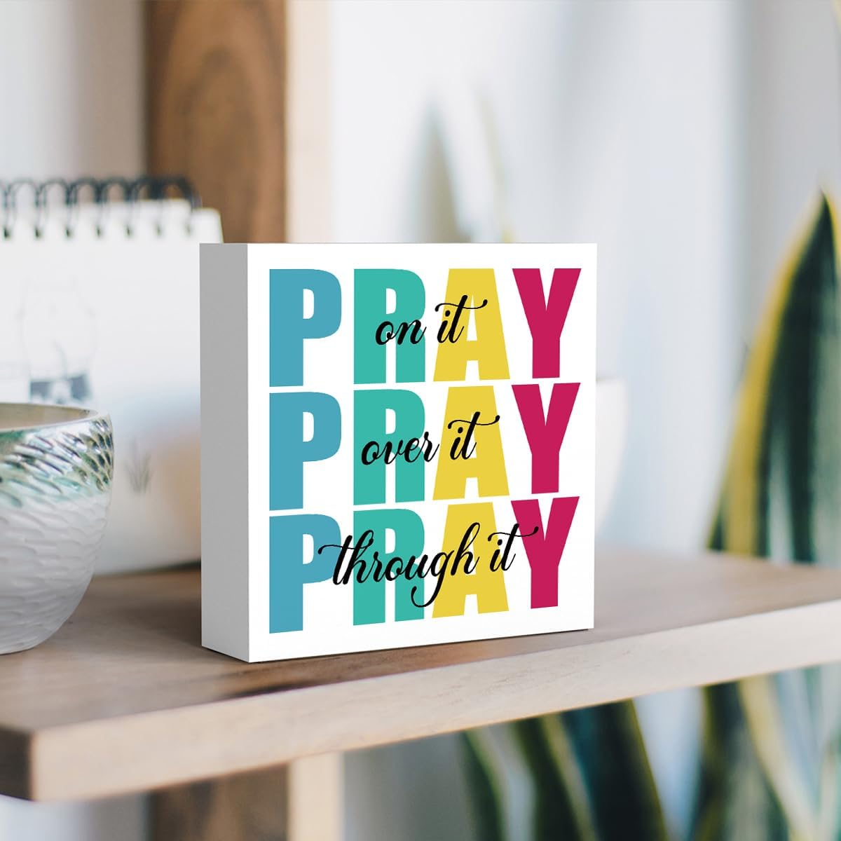 Office Decor for Women Christian Gifts Desk Bedroom Bible Verse Wall Art Inspirational Wooden Box - Pray on It Over It Through It