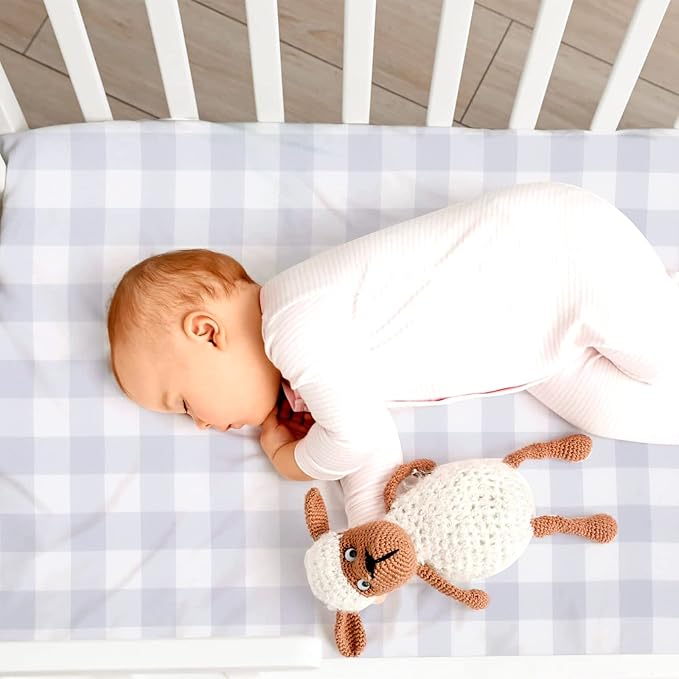 JISEN Baby Crib Sheet 1 Piece Portable Fitted Crib Sheet for Standard Crib and Toddler Mattresses Nursery Bed Decor for Boys Girls 28x52 Inch Grid Grey White