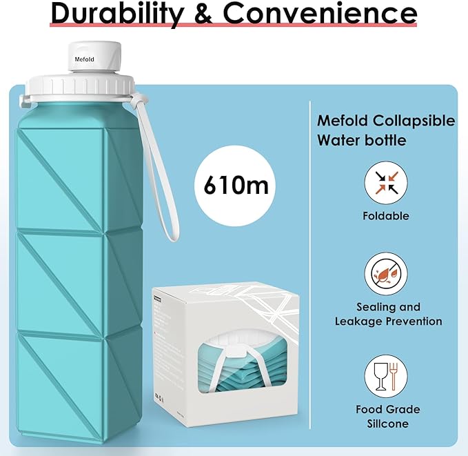 Foldable Water Bottle for Travel Cycling Gym Camping Sports,Leakproof Lid,Food Grade BPA-Free Silicone Travel Bottles 610ml -Lightweight 21oz Portable,Wide Mouth ,Durable,Collapsible Water Bottle