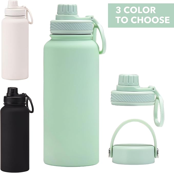 White 32 OZ Insulated Water Bottle, Cream Large Metal Insulated Stainless Steel Water Flask, Big Sports Travel Water Bottle with 2 Lids, Insulated Thermos Thermal Mug Cup