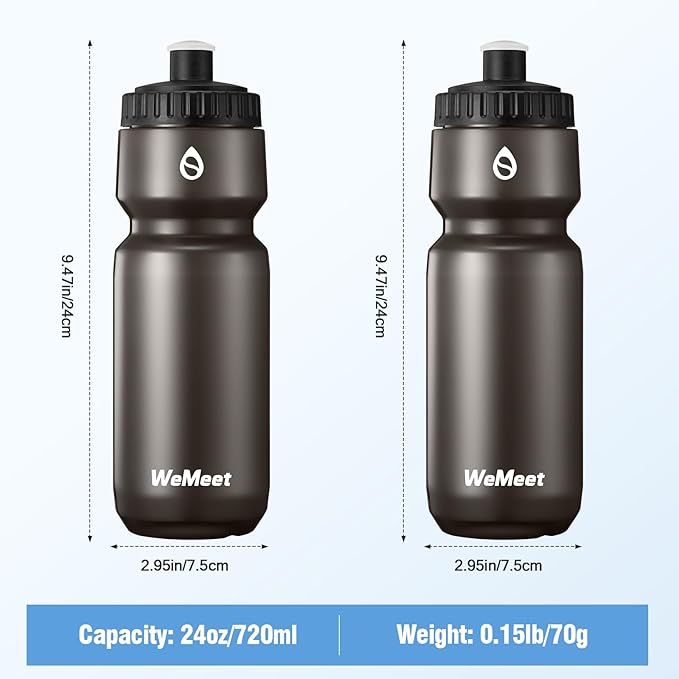 24oz Sport Squeeze Bottle, BPA Free, Leak Proof Mountain Bike Water Bottle with Capacity Scale, Fits Most Bike Cages, for Cycling, Gym, Camping, Hiking (Black, 2-Pack)