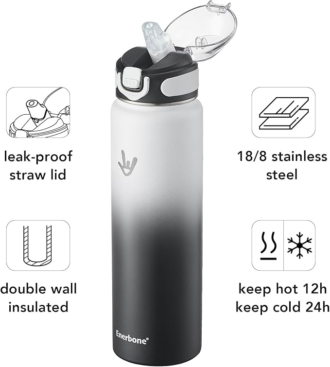 Enerbone Insulated Water Bottle, 32 oz Stainless Steel Water Bottles with Carrying Strap, Double-Wall Vacuum Insulation Thermos, Leakproof Sports Bottle with Straw, Keep Drinks Hot or Cold for Hours