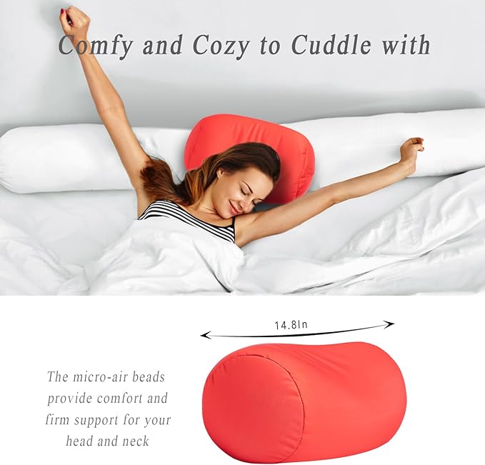 Microbead Body Pillow, Tube Microbead Bolster Bean Smooth Cool Pillow Neck Cervical Roll Pillow for Sleeping 7 x 12Inch Throw Travel Pillow (Venetian Red)