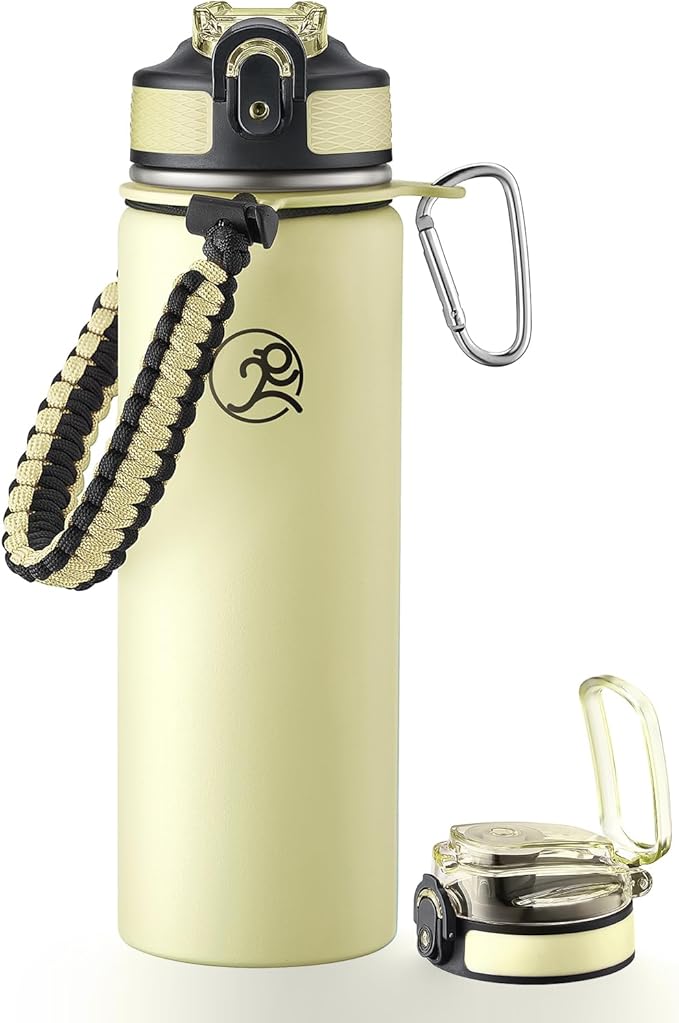 GOSWAG Insulated Sports Water Bottle, 24oz 2 Lids(with Straw/No Straw), Stainless Steel Water Bottles with Paracord Handle, Insulated Thermos with Double-Wall Vacuum Insulation