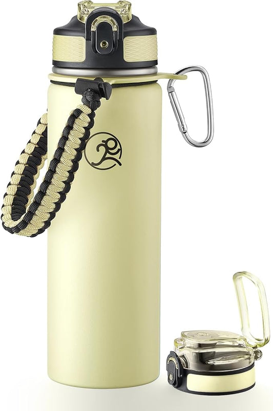 GOSWAG Insulated Sports Water Bottle, 24oz 2 Lids(with Straw/No Straw), Stainless Steel Water Bottles with Paracord Handle, Insulated Thermos with Double-Wall Vacuum Insulation