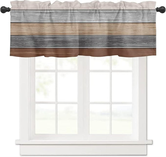 Farmhouse Fall Kitchen Curtains Valances for Windows , Brown Grey Rod Pocket Country Window Treatment for Kitchen /Living Room/Bedroom/ Bathroom,42" X 18" -1 Panel, Retro Rustic Barn Wood Texture