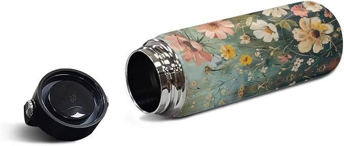 Floral Print Insulated Water Bottle for Women Stainless Steel Sports Water Flask Cup Portable Handle Hot and Cold Water Bottle, 20 Oz