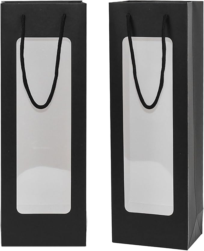 Ssyuysto 12 Pcs Black Wine Gift Bag with Window 4.9" x 3.34" x 14.1" Kraft Paper Wine Bags with Windows Flower Wrapping Bag Transparent Window Bags for Birthday Wedding Party Gift (Black)