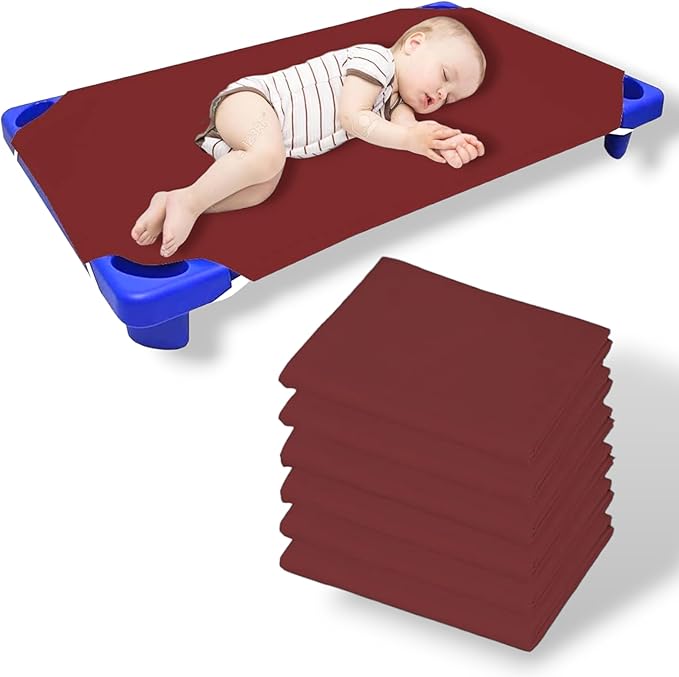 Pack of 6 Cot Sheet for Daycare Preschool Cot Bed -Polyblend Fabric with Corner Elastic Cots Sheets Fits On 22" X 52" Inches Size Toddler and Preschool Daycare Cot Burgundy 22 X 52 Size