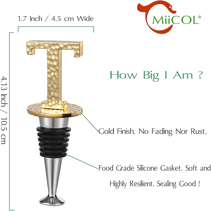 Miicol Wine Bottle Stopper, Prosecco Stopper, Gold Wine Stopper, Personalised Champagne Stopper, Initial Wine Stopper, Funny Prosecco Gift, Wine Lovers Gift, Kitchen Decor, Letter T