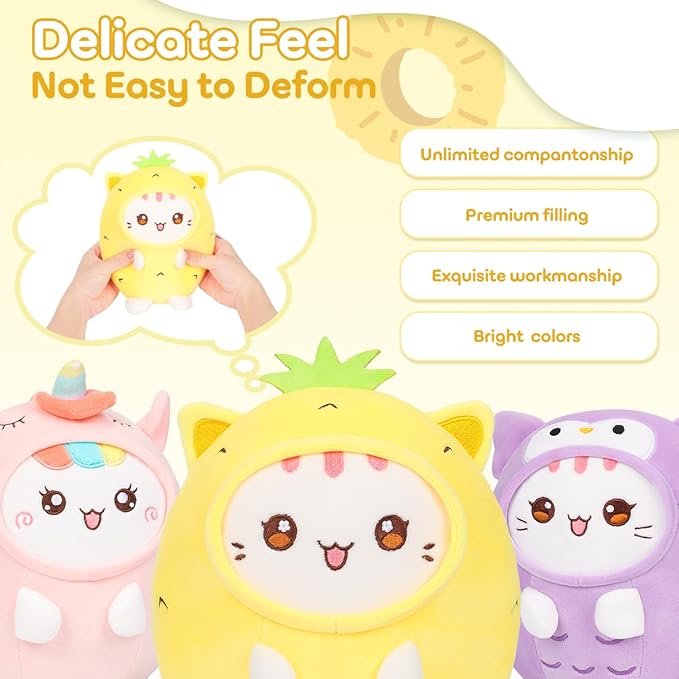 Cute Plush Pineapple Cat Stuffed Animal Pillow, 8" Soft Kawaii Kitten Plushie with Pineapple Outfit Gift for Kids