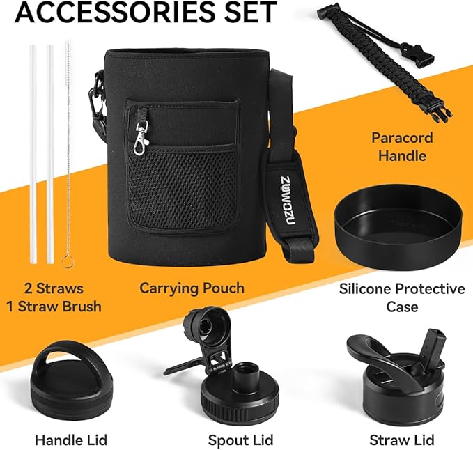 Half Gallon Water Bottle Insulated, 64oz Stainless Steel Water Bottle with Straw, Spout & Handle Lid, Half Gallon Water Jug with Carrier Bag w/Strap, Perfect for Hot&Cold Drinks (Black, 64oz)