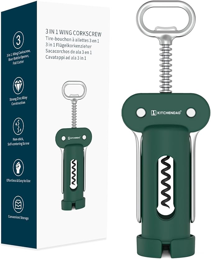 KITCHENDAO 3 in 1 Wing Corkscrew Wine Bottle Opener with Foil Cutter, Built-in Beer Bottle Opener, Multifunctional Wine Opener with Non-Stick Sharp Screw,Easy to Use, Manual Wine Corkscrew，Green
