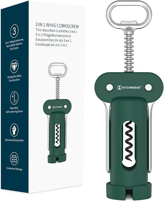KITCHENDAO 3 in 1 Wing Corkscrew Wine Bottle Opener with Foil Cutter, Built-in Beer Bottle Opener, Multifunctional Wine Opener with Non-Stick Sharp Screw,Easy to Use, Manual Wine Corkscrew，Green