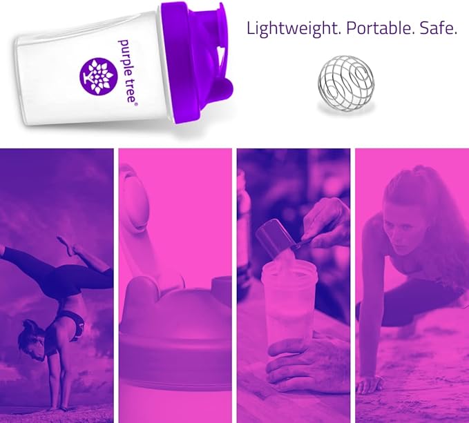 purple tree Protein Shake Bottle, Leak Proof Mixer Cup with Stainless Steel Blending Ball | 20 Oz Shaker Blender for Protein, Hydration & Supplement Mixes