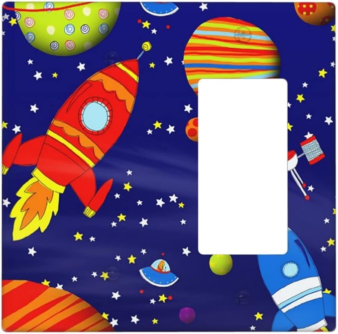 Space Astronaut Combo Single Blank 1 Rocker Light Switch Wall Plate Cover Decorative 2-Gang for Electrical Boys Kids Room Bathroom Bedroom Home Kitchen One Decora Receptacle 4.5" x 4.6"