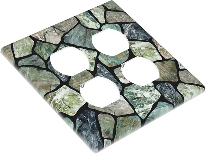Green Stone Texture Double Outlet Switch Wall Plate Cover Decorative 2-Gang for Electrical Room Bathroom Bedroom Home Kitchen Two Receptacle Polycarbonate Power Gear 4.5" x 2.76"