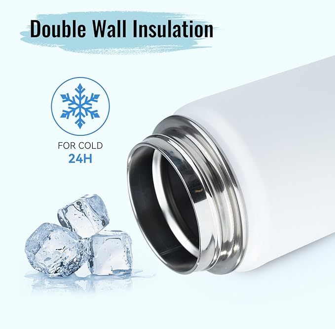 Stainless Steel Water bottle with Straw & Wide Mouth Lid, Wide Rotating Handle, 24oz Double Wall Vacuum Insulated Water Bottle Leak Proof, BPA Free, Keep Cold and Hot, 24oz, White