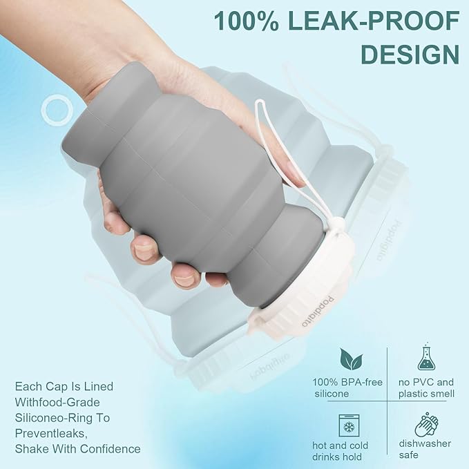 Collapsible Water Bottles,BPA-Free Leak-Proof Silicone Foldable Water Bottle Cup 20.6oz,Durable Lightweight Bottle for Gym Travel Camping Hiking Running (Type2 grey little 320ml)