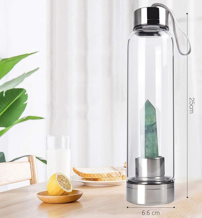 Crystal Glass Water Bottle, Glass Water Bottle with Changeable Natural Crystal Center, Quartz Gemstone Water Bottle for Natural